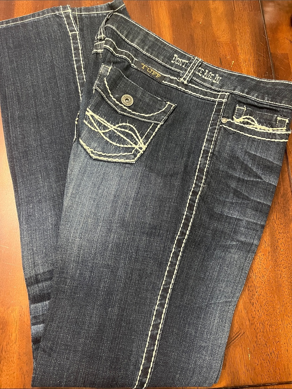Cowgirl Tuff Women's Boot Cut Jeans - Dark Blue with White Contrast Stitching